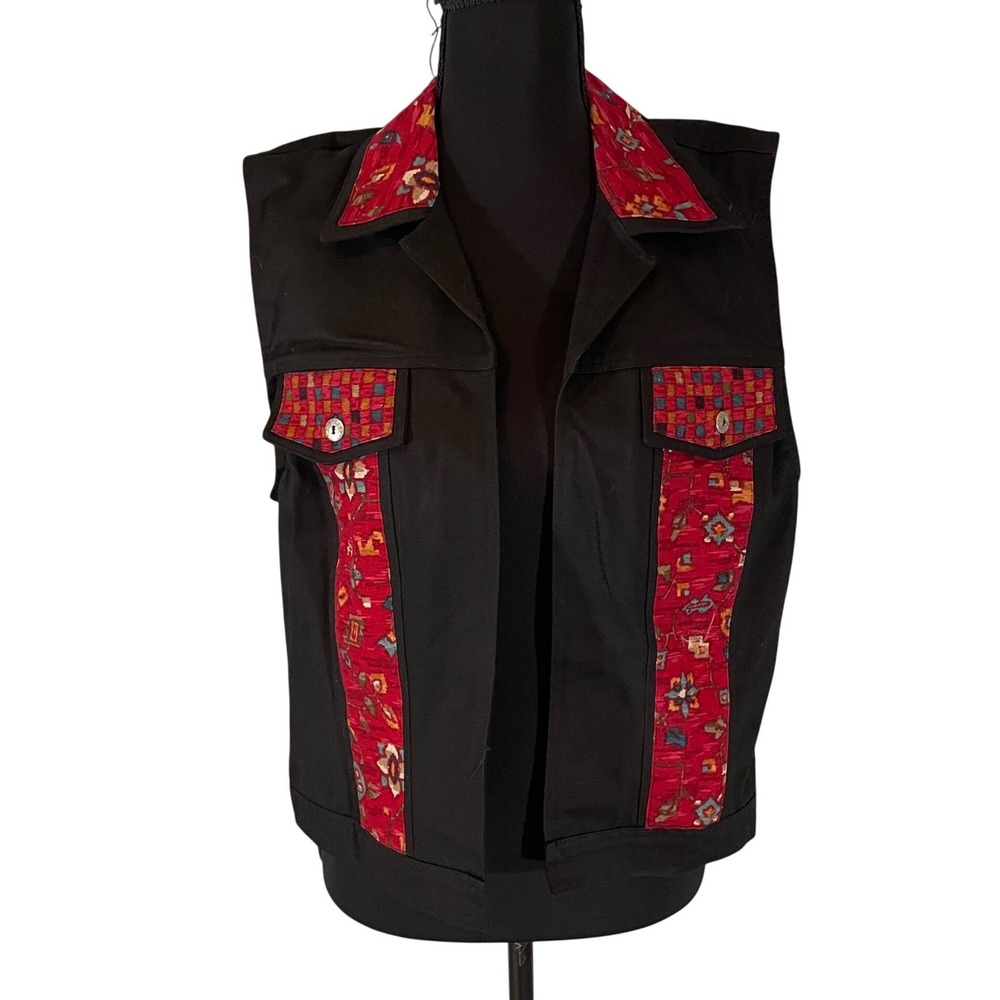VTG Samantha Edwards Womens Med‎ Black Denim Vest Southwestern Red Tapestry USA